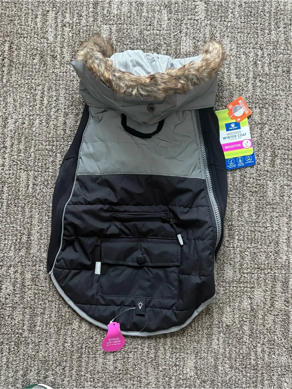 Top Paw hooded winter coat for dogs size Large gray and black